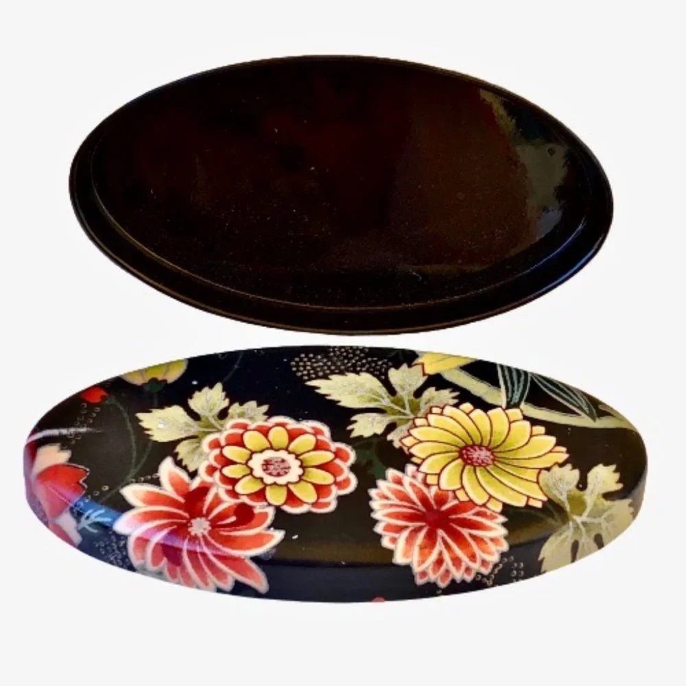 Plastic Lacquer Trinket Box with Lid Vintage Black Flowers
